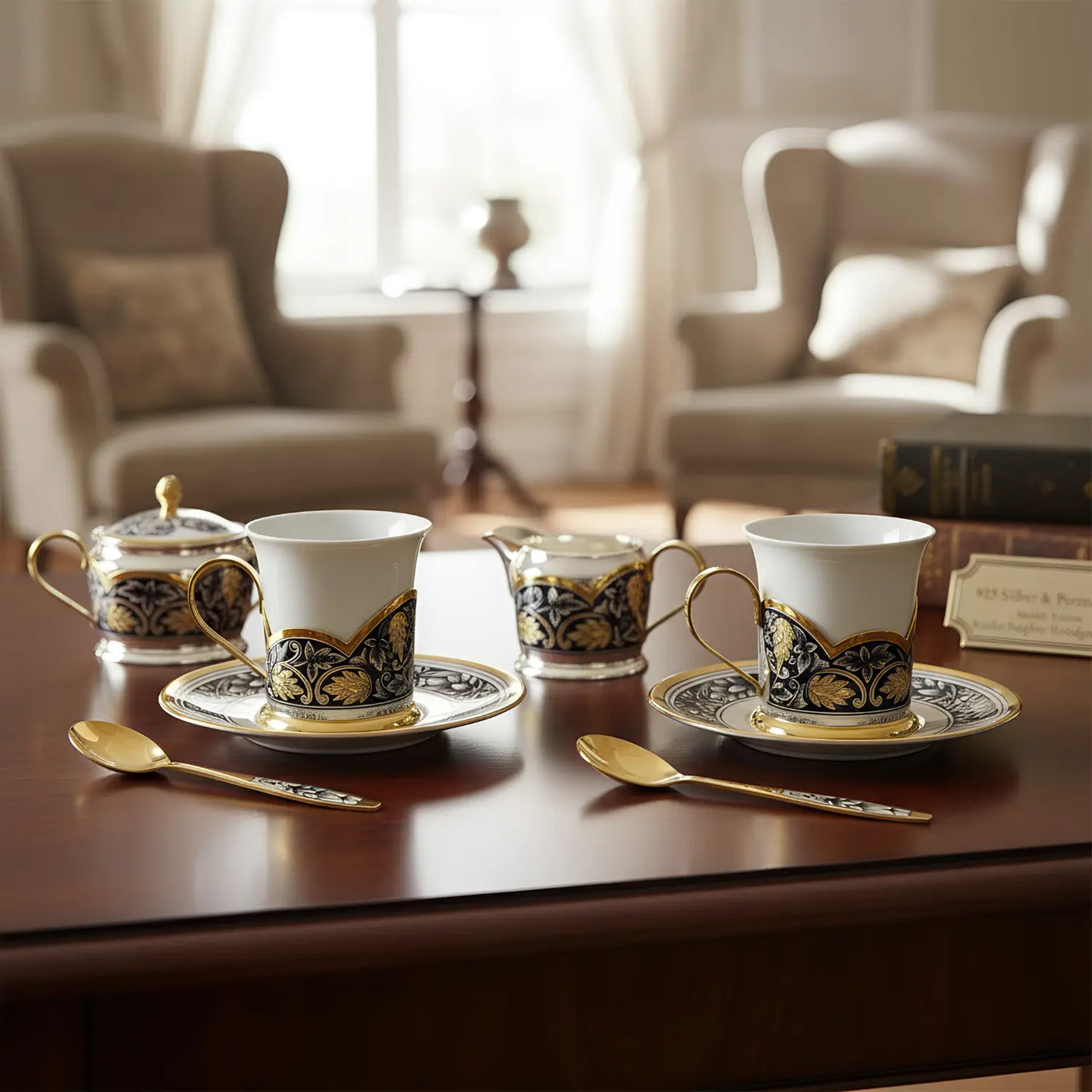 Kaffeetassen 2er Set Hopfen 925 Silber & Porzellan – für 2 Personen