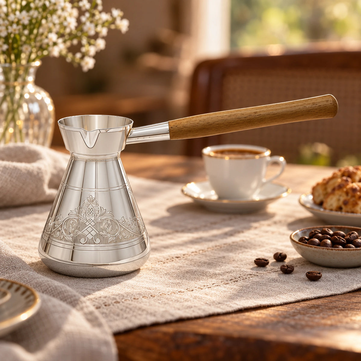 Türkische Kaffeekanne Silber 925 Pur-Gravur 370 ml — Lifestyle-Setting am Kaffeetisch