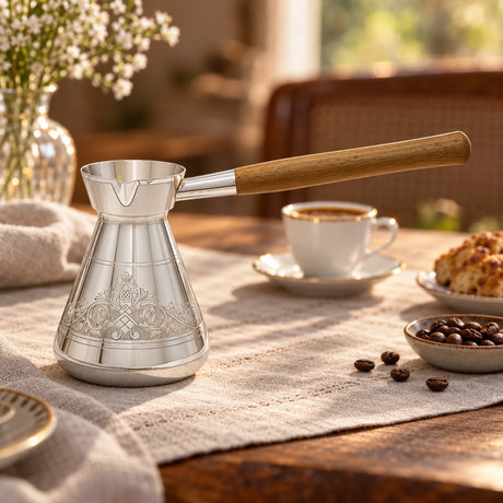 Türkische Kaffeekanne Silber 925 Pur-Gravur 370 ml — Lifestyle-Setting am Kaffeetisch