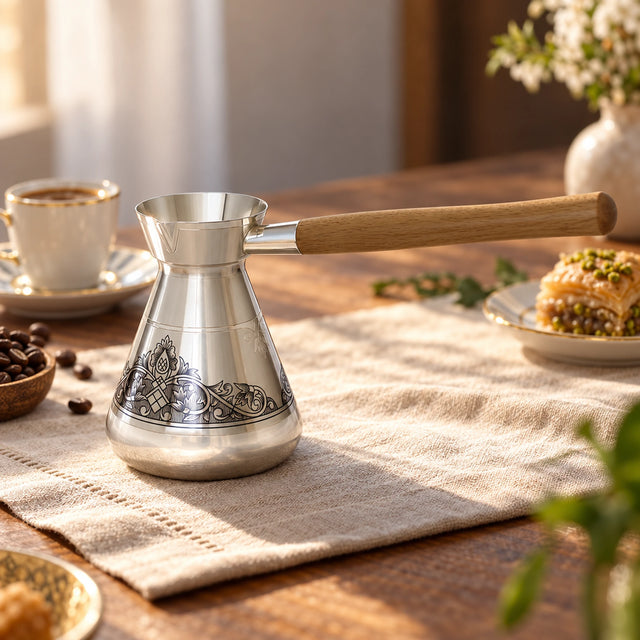 Türkische Kaffeekanne Silber 925 Niello 370 ml — Lifestyle-Setting am Kaffeetisch