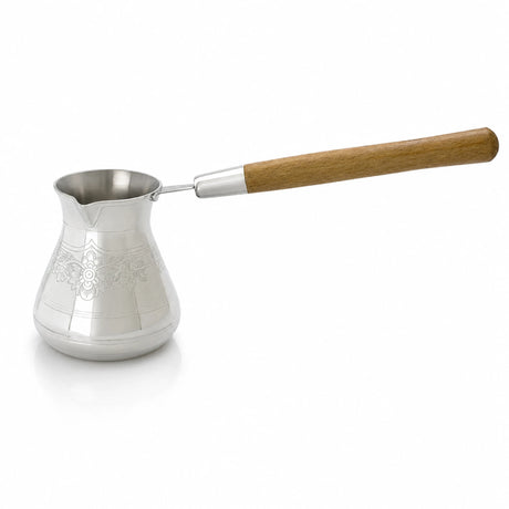 Silber Kaffeetürke 925 Pur-Gravur Rosata — kleine Cezve mit Blütenrosette und Buchenholz-Griff, SevChern, Mokka-Geschenk