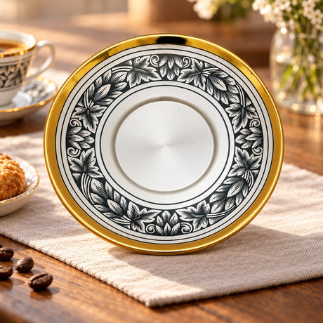 Kaffeeuntertasse 925 Silber vergoldet Hopfen — Lifestyle-Setting am Kaffeetisch