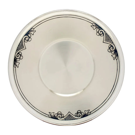 Silber Untertasse D120 Niello Verbena — flacher Teller mit 4 Eck-Ornamenten und Akanthus-Voluten, SevChern, Tafelsilber