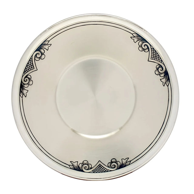 Silber Untertasse D120 Niello Verbena — flacher Teller mit 4 Eck-Ornamenten und Akanthus-Voluten, SevChern, Tafelsilber