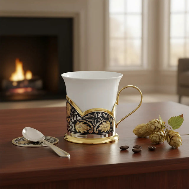Kaffeetasse Hopfen 925 Silber Niello & Porzellan – vergoldet