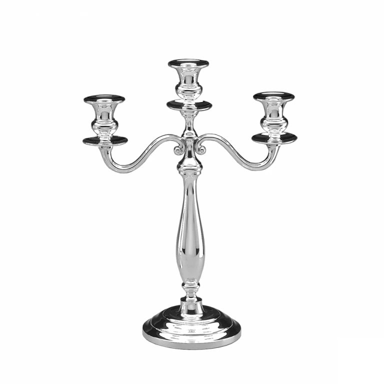 Kandelaber 925 Silber Inglese Zaramella — dreiflammiger Tafelleuchter mit geschwungenen Armen und Baluster-Säule, hochglanzpoliert, Freisteller