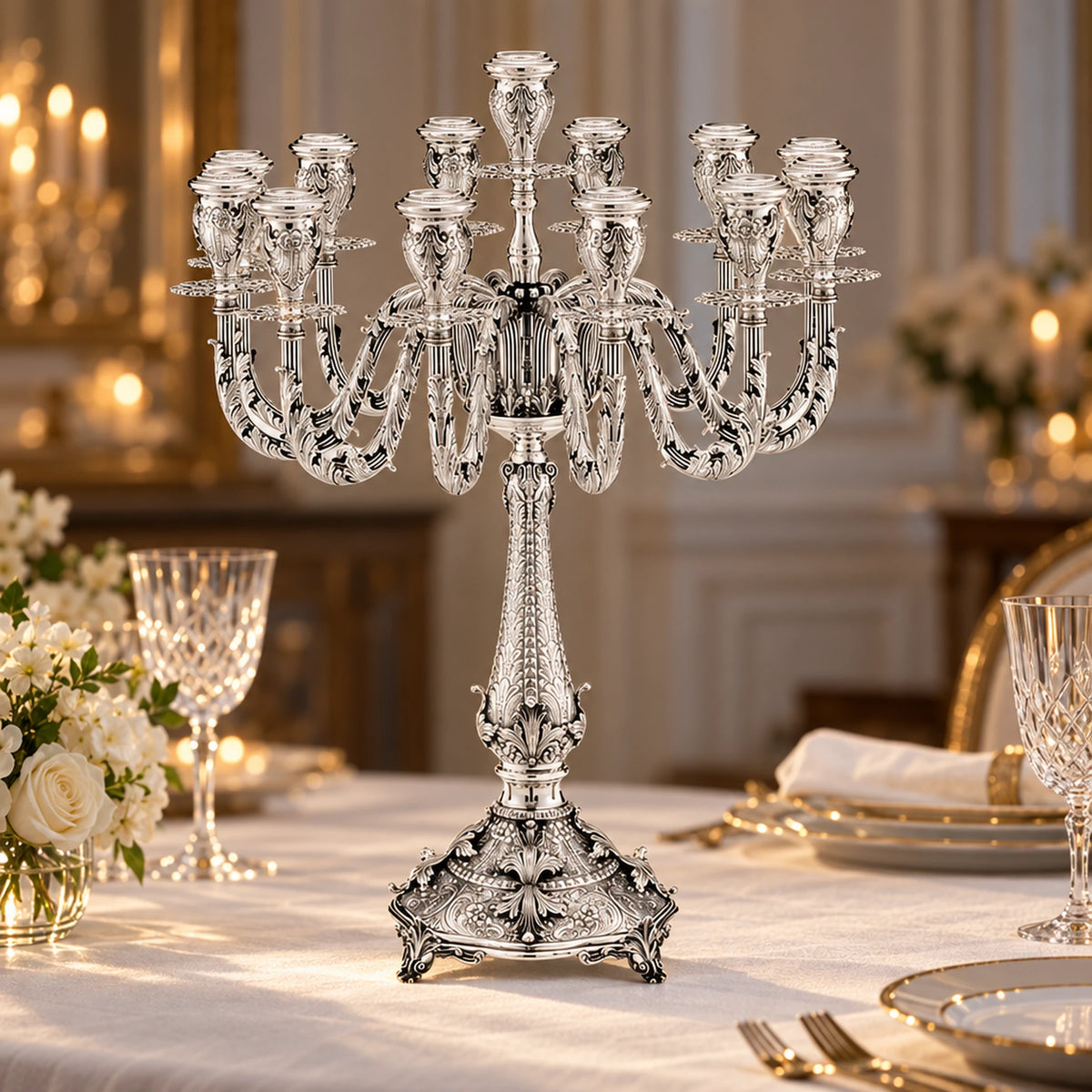 Kandelaber 925 Silber Signature Square — Lifestyle-Setting an der festlichen Tafel
