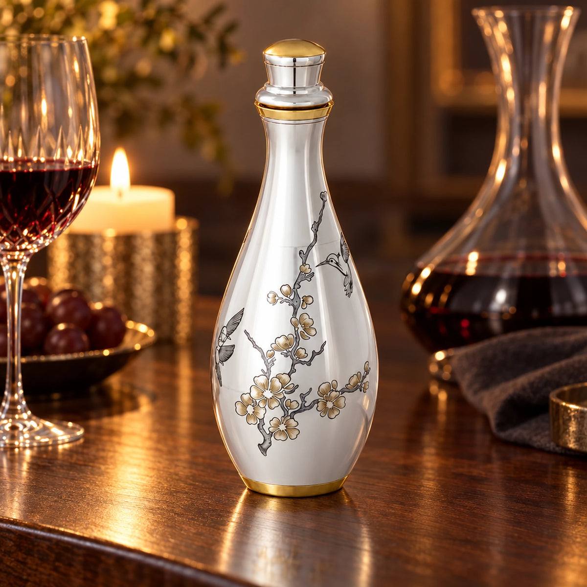 Karaffe 925 Silber vergoldet SAKURA — Lifestyle-Setting am Weintisch