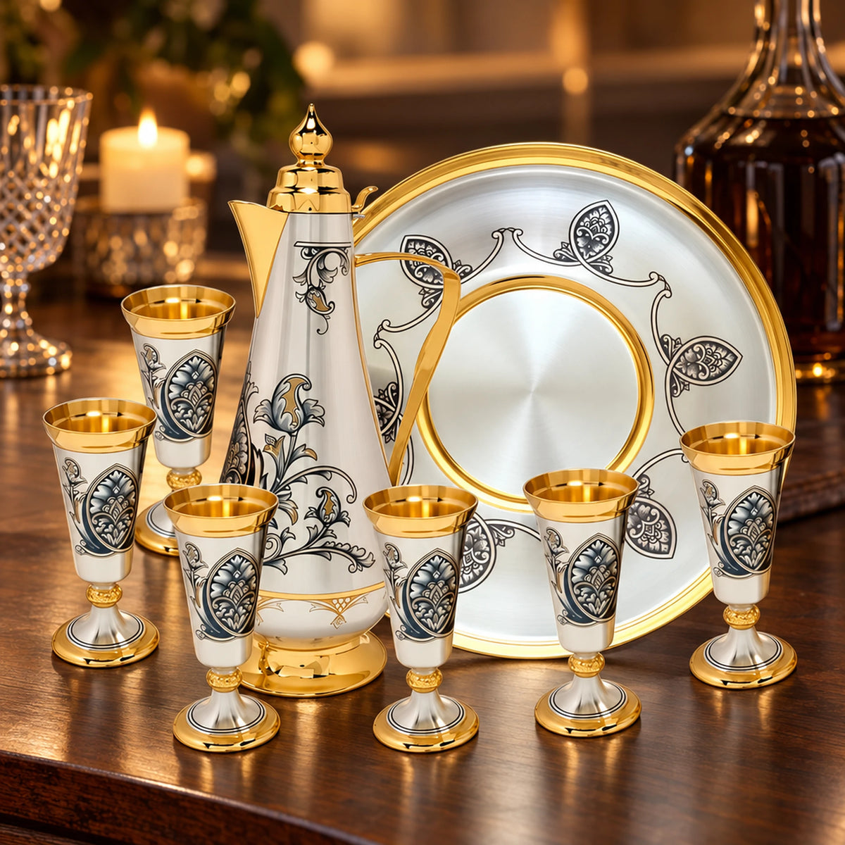 Karaffe & Schnapsgläser Set 925 Silber vergoldet Paisley 8-teilig — Lifestyle-Setting am Weintisch