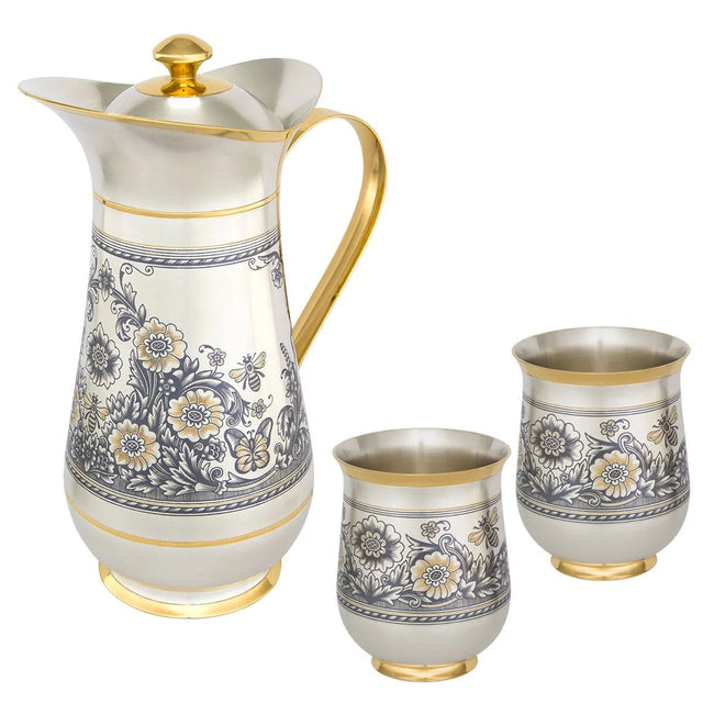 Karaffe Silberbecher Set 925 Silber Nektar dreiteilig — Niello-Blütendekor zum Jubiläum