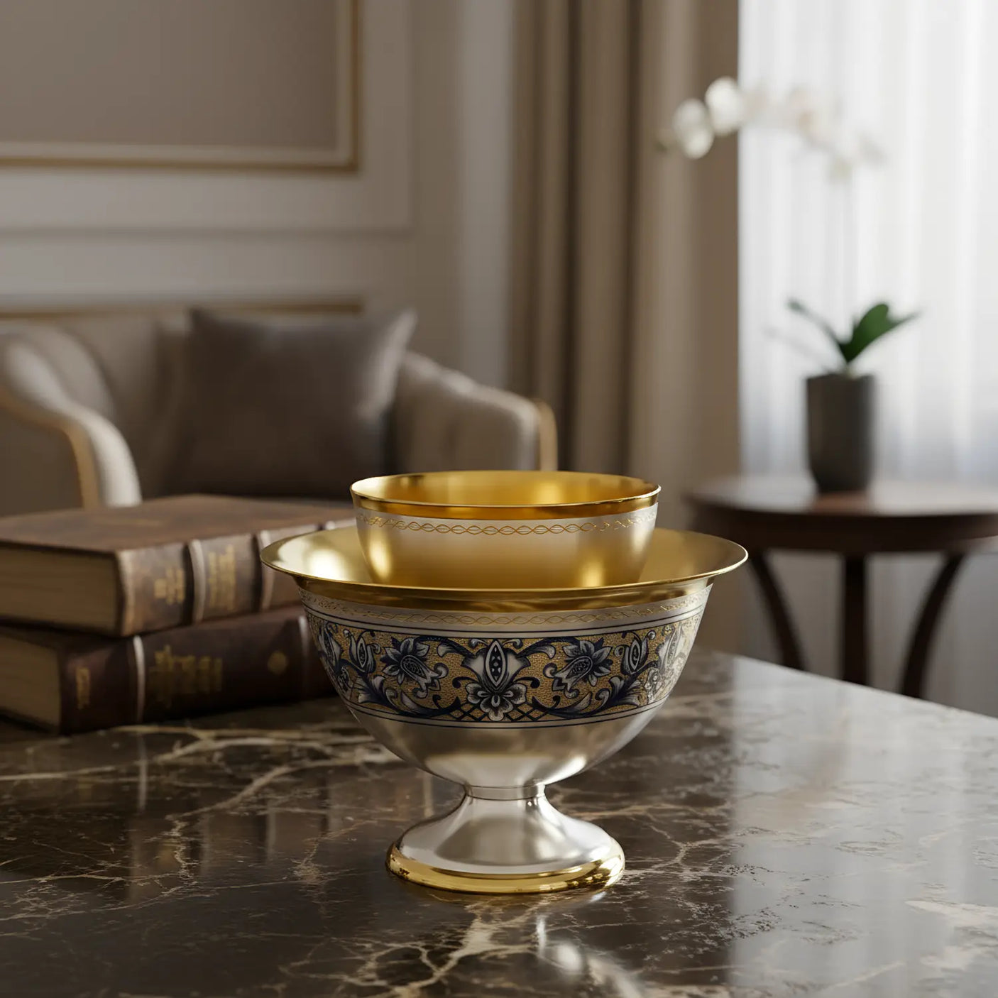 Kaviarschale 925 Silber vergoldet – 2 - teilig „Tradition“ | Niello - Handgravur