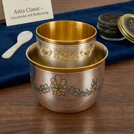 Kaviarschale Astra Classic 2-teilig: 925 Silber vollvergoldet mit Niello – Eisschale 100ml + Kaviarschale 50ml für Kaviar