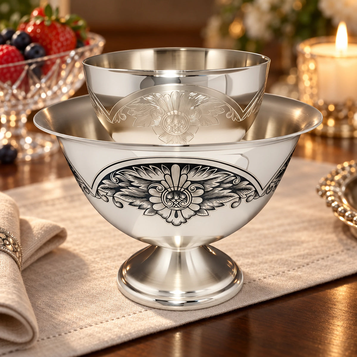 Kaviarschale Set 2 Teile - 925 Silber Niello Design — Lifestyle-Setting am Serviertisch