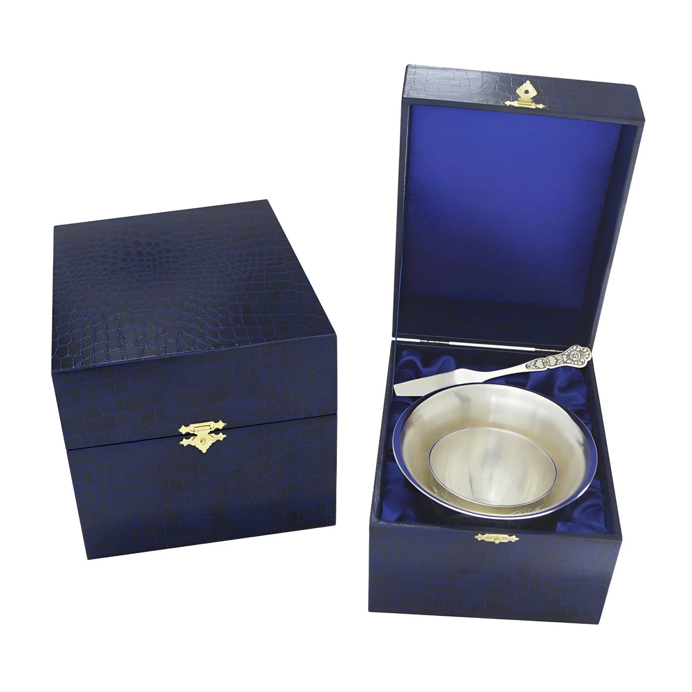 Kaviarschale-Geschenkset 925 Silber Niello — Silberschale und Kaviarspatel in blauer Geschenkbox, edles Tafelgeschenk