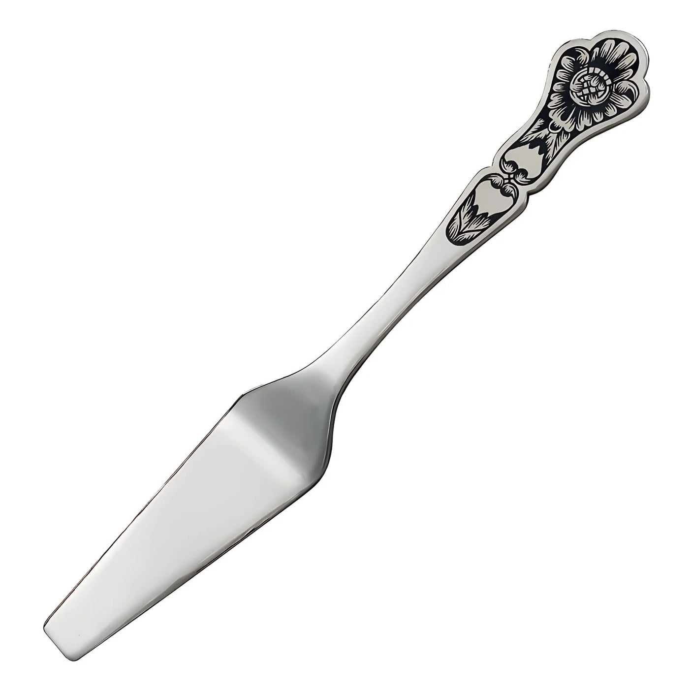 Kaviarspatel 925 Silber Niello — polierter Spatel mit dunklem Blütenornament am Griff, gravierbar