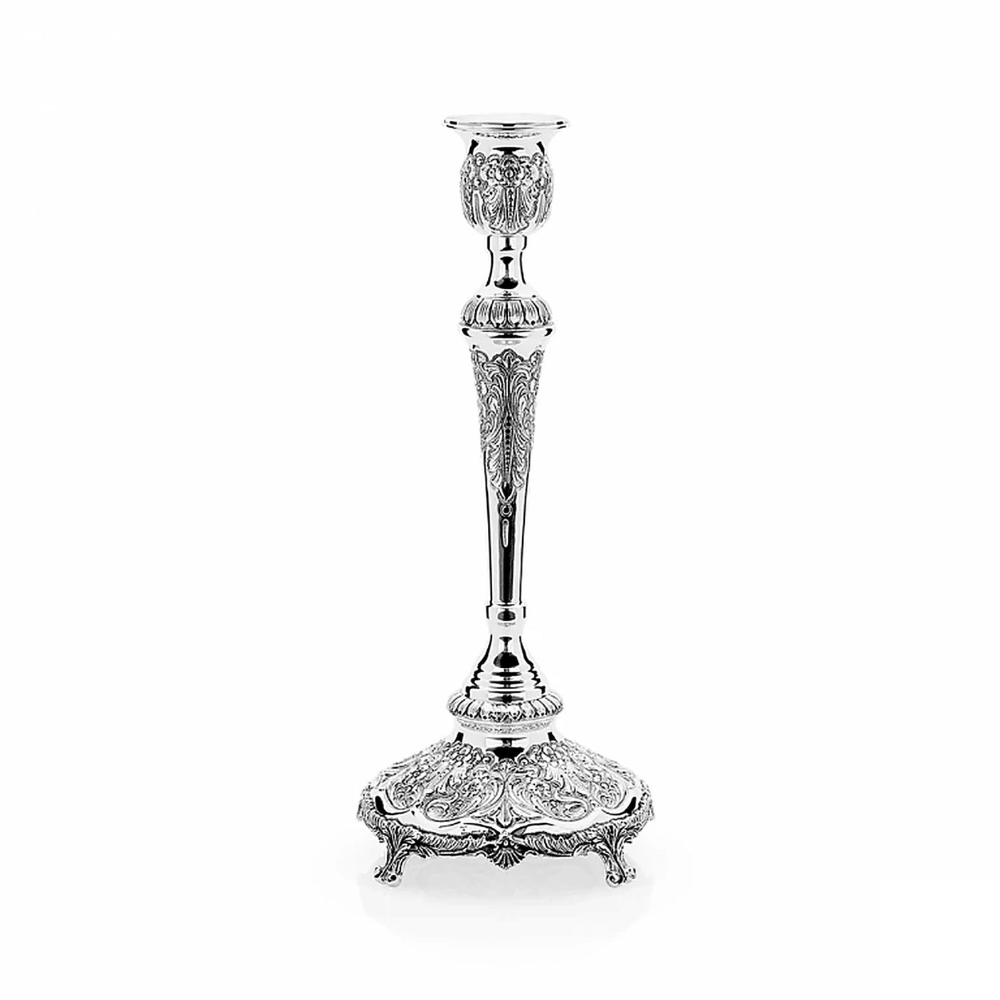 Kerzenleuchter 925 Silber Signature 39 cm — ziselierte Tülle und Fuß, polierter Schaft, Zaramella Italien