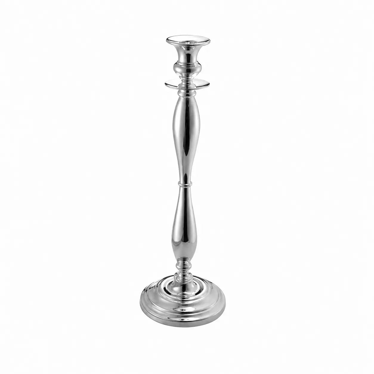 Kerzenständer 925 Silber Inglese Zaramella — einflammiger Leuchter mit Baluster-Säule und rundem gestuftem Fuß, hochglanzpoliert, Freisteller
