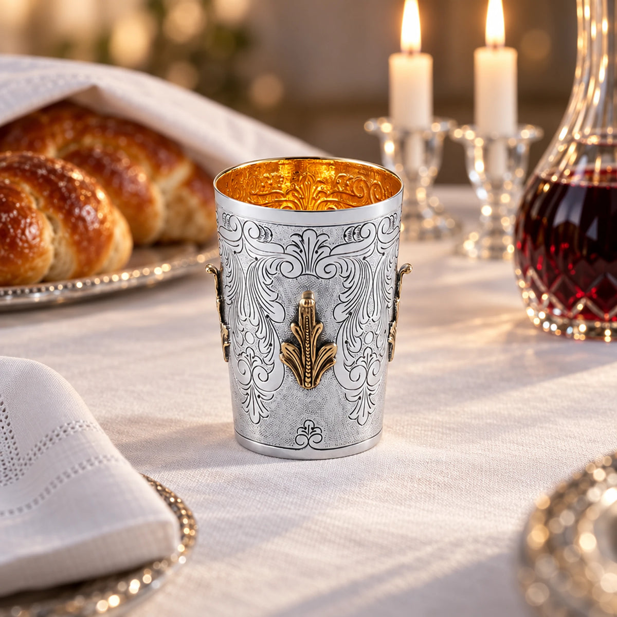 Kiddusch-Becher 925 Silber Signature mit Fuß — Lifestyle-Setting am Schabbattisch