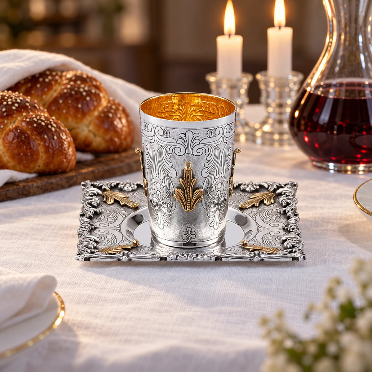 Kiddusch-Set 925 Silber Signature — Lifestyle-Setting am Schabbattisch