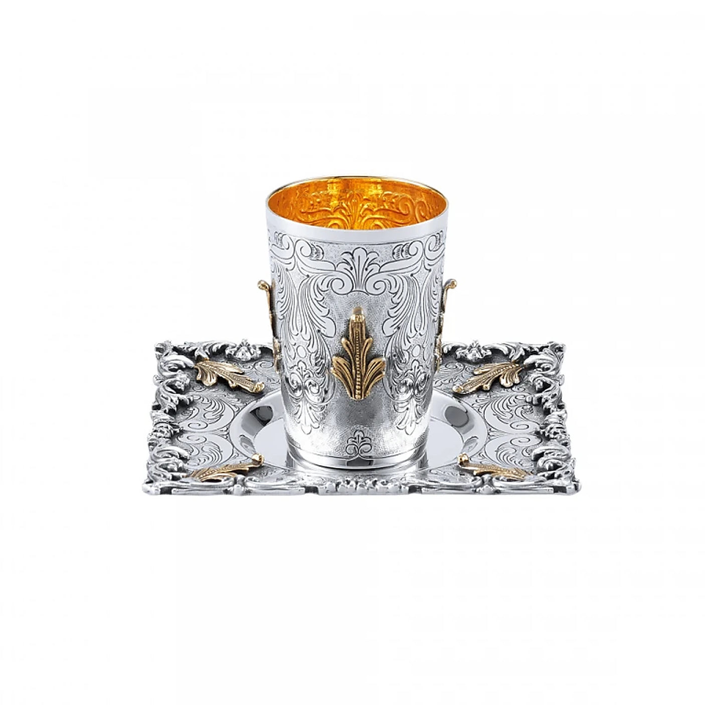 Kiddusch-Set 925 Silber Signature — Becher mit Standfuß und quadratischer Teller mit Mulde, Zaramella