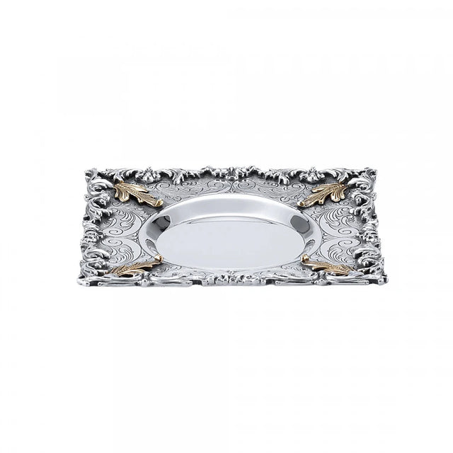 Kiddusch-Teller 925 Silber Signature 16x16 cm — runde Becher-Mulde, teilvergoldete Blattmotive, Zaramella