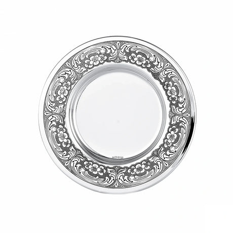 Kiddusch-Teller 925 Silber Signature rund 17 cm — ziselierte Fahne, glatter Spiegel als Becherstand, Zaramella