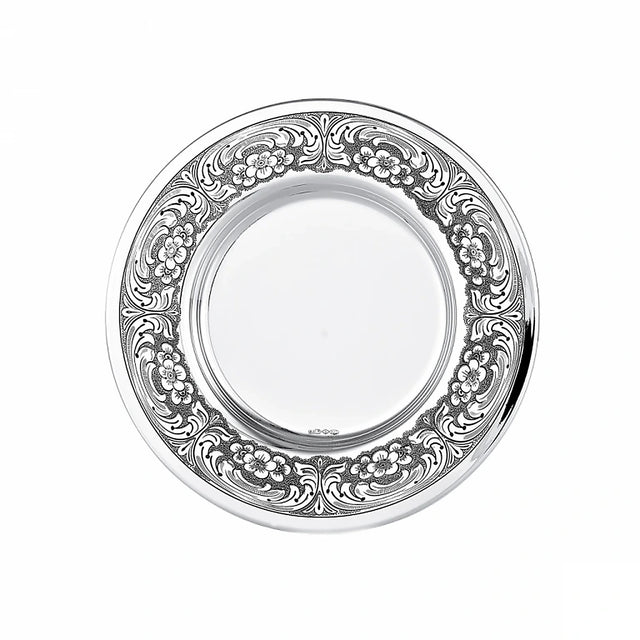 Kiddusch-Teller 925 Silber Signature rund 17 cm — ziselierte Fahne, glatter Spiegel als Becherstand, Zaramella