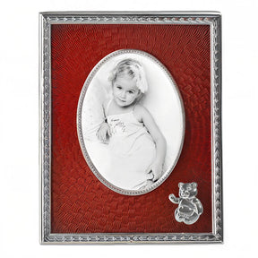 Kinder Bilderrahmen Emaille rot - orange – oval, mit Bär - Applikation