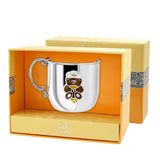 Kinderbecher Teddybär Braun aus 925 Silber mit Emaille & vergoldeter Krone – Taufgeschenk mit Gravur-Option in Geschenkbox.