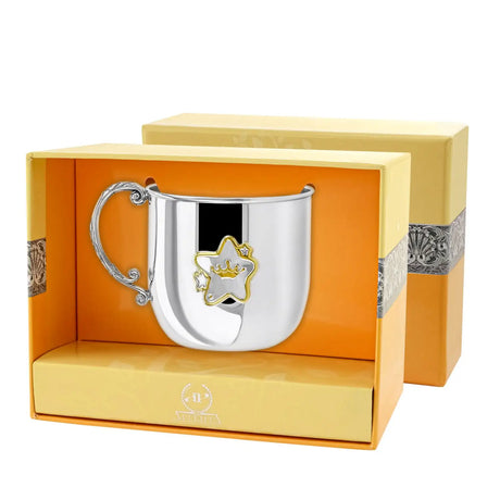 Kinderbecher Sterne Gold aus 925 Silber mit vergoldeter Krone – Taufgeschenk für Jungen & Mädchen, gravierbar.