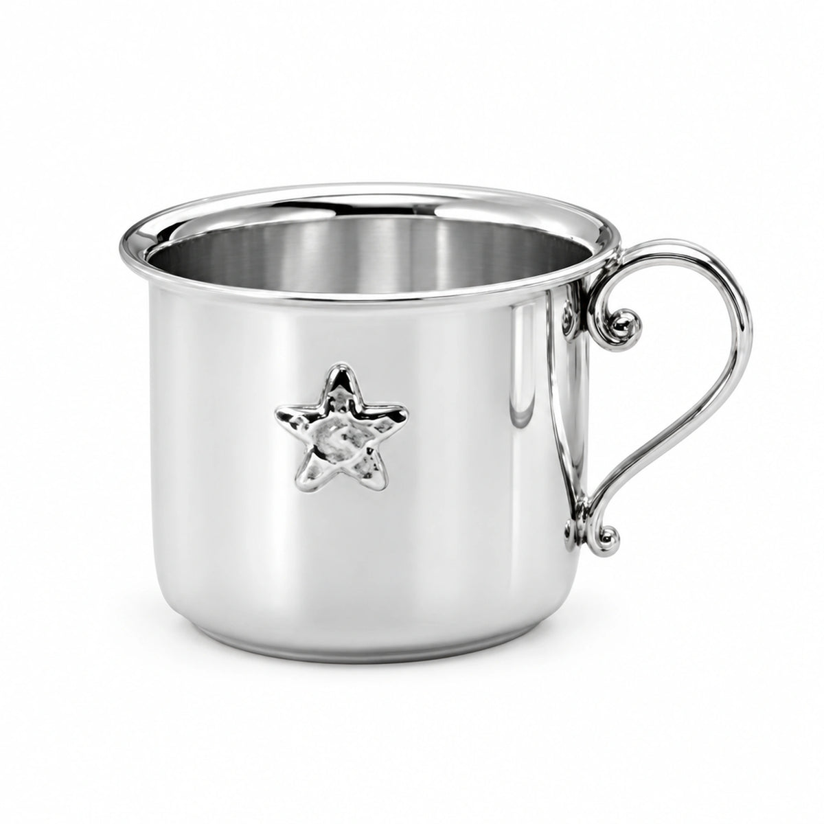 Kinderbecher 925 Silber mit Henkel und kleinem Stern-Relief, zylindrischer Körper mit Rollrand
