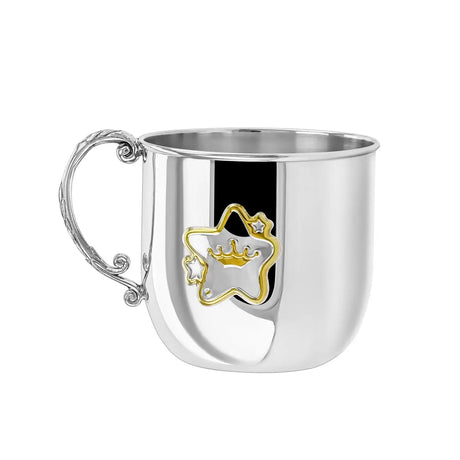 Kinderbecher 925 Silber Sterne-Motiv mit verschnörkeltem Griff, 150ml Fassungsvermögen, Taufgeschenk.