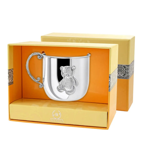 Kinderbecher Teddybär aus 925 Silber, hochglanzpoliert – Taufgeschenk für Jungen und Mädchen mit Gravur-Option