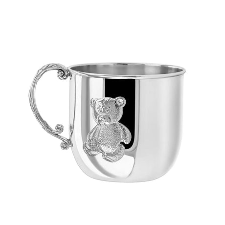 Kindertasse 925 Silber mit Teddybär‑Relief und geschwungenem Henkel – edles Babygeschenk zur Taufe oder Geburt.