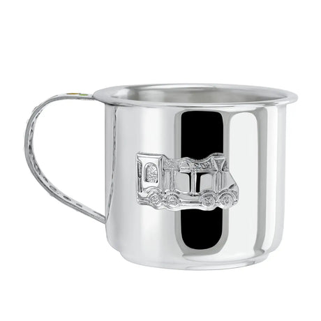 Kinderbecher aus 925 Silber mit Henkel und Zug-Motiv – Taufgeschenk für Jungen & Mädchen.