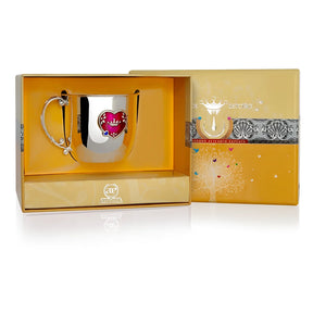 Kinderbecher 925 Silber – Herz rot - blau Emaille & Vergoldung mit Henkel