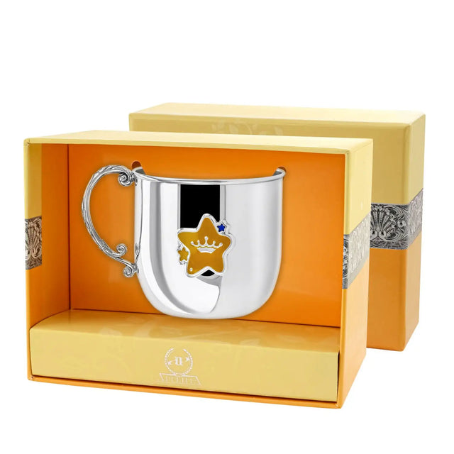 Kinderbecher Sterne Gelb-Blau aus 925 Silber mit Emaille & vergoldeter Krone – Taufgeschenk Junge, gravierbar