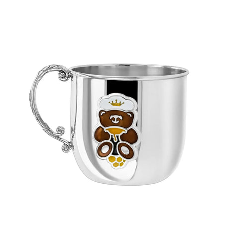 Kinderbecher 925 Silber mit Teddybär, brauner Emaille und eleganter Henkelverzierung – Geschenk zur Taufe.