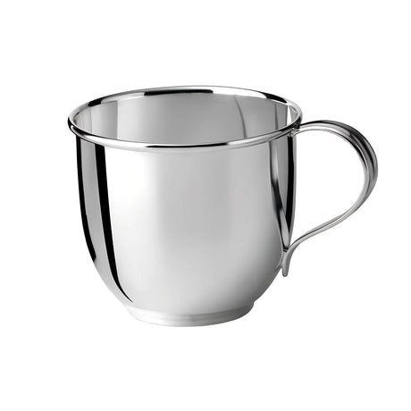 Kinderbecher 925 Silber — hochglanzpolierter Becher in Tulpenform mit schlichtem runden Henkel, Freisteller