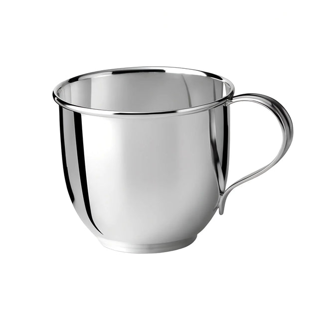 Kinderbecher 925 Silber — hochglanzpolierter Becher in Tulpenform mit schlichtem runden Henkel, Freisteller