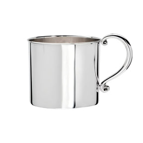 Kinderbecher 925 Silber — hochglanzpolierter Zylinderbecher mit Zierhenkel mit Voluten-Schnecken, Freisteller