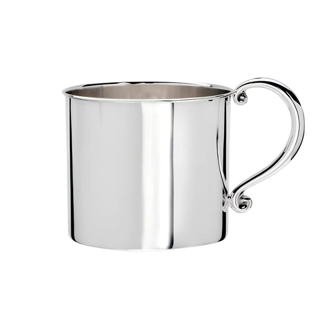 Kinderbecher 925 Silber — hochglanzpolierter Zylinderbecher mit Zierhenkel mit Voluten-Schnecken, Freisteller