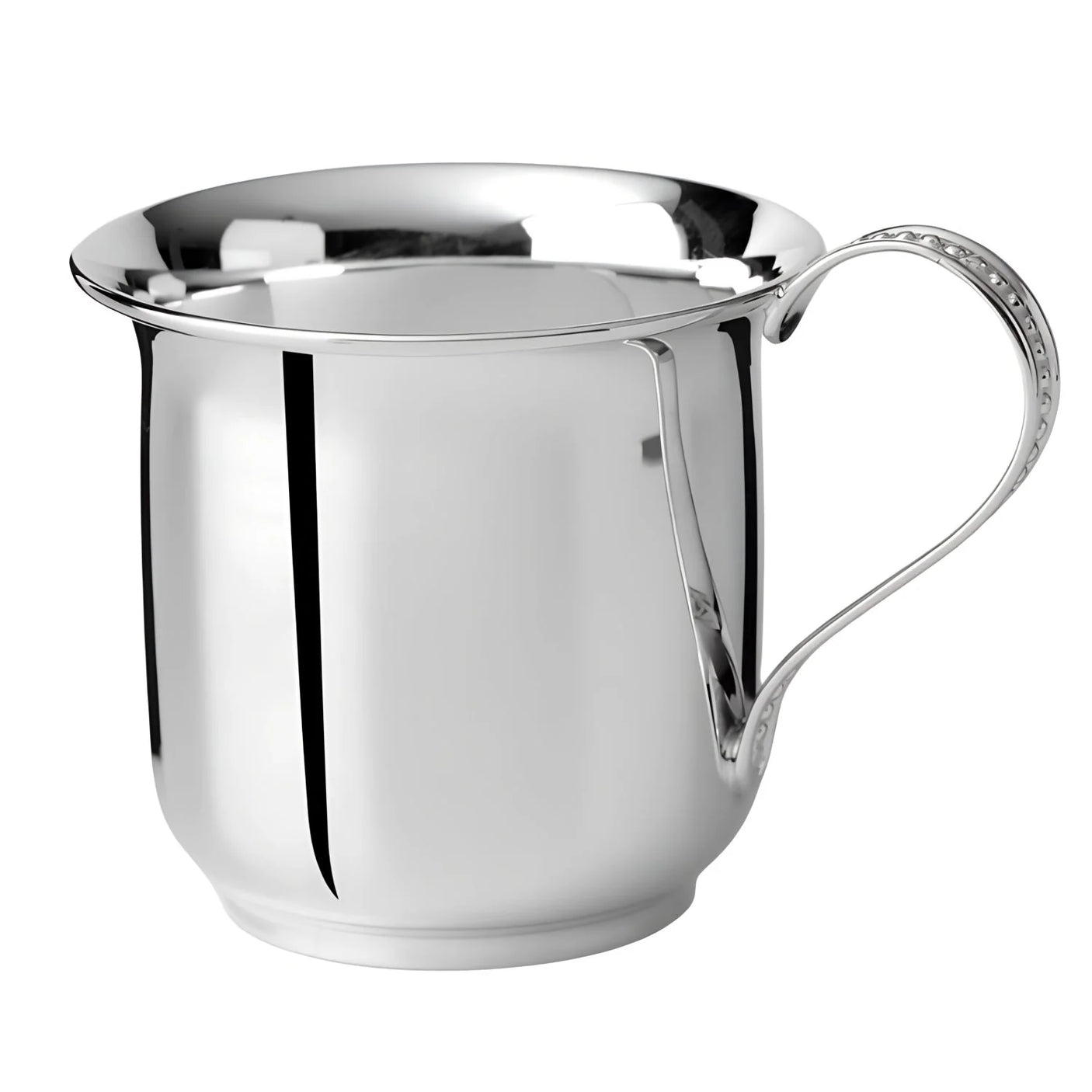 Kinderbecher 925 Silber — bauchiger polierter Becher mit Perlrand-verziertem Henkel, Freisteller