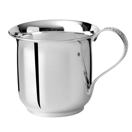 Kinderbecher 925 Silber — bauchiger polierter Becher mit Perlrand-verziertem Henkel, Freisteller