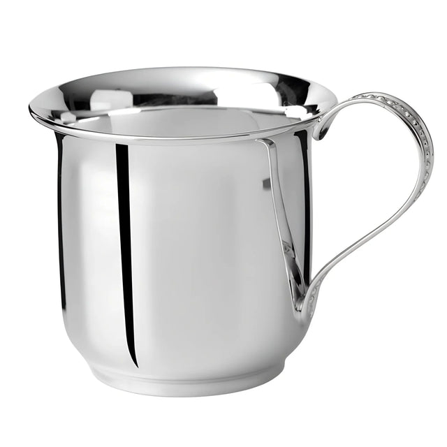 Kinderbecher 925 Silber — bauchiger polierter Becher mit Perlrand-verziertem Henkel, Freisteller