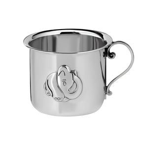 Babytasse 925 Silber Elefant Classic — klassischer zylindrischer Taufbecher mit einem eleganten Henkel mit Volutenornament, kleiner stilisierter Elefant als Relief, ZARAMELLA Italien.