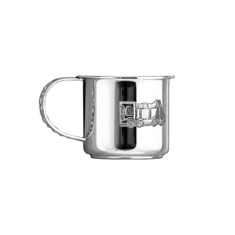 Kinderbecher 925 Silber Dampflok — polierter Silberbecher mit Lokomotiv-Halbrelief und Henkel, Detailansicht