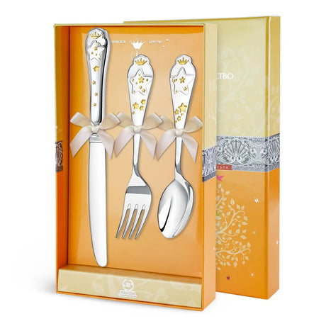 Kinderbesteck Set 925 Silber Sterne 3-teilig – Geschenk zur Geburt, Taufe oder erster Geburtstag.