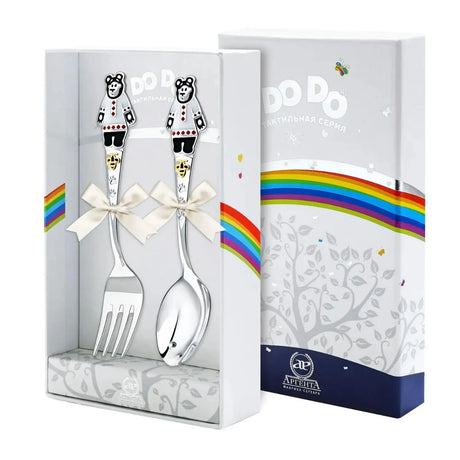 Kinderbesteck 925 Silber: Löffel und Gabel mit Bienenbär, beide mit Schleife in der Geschenkbox