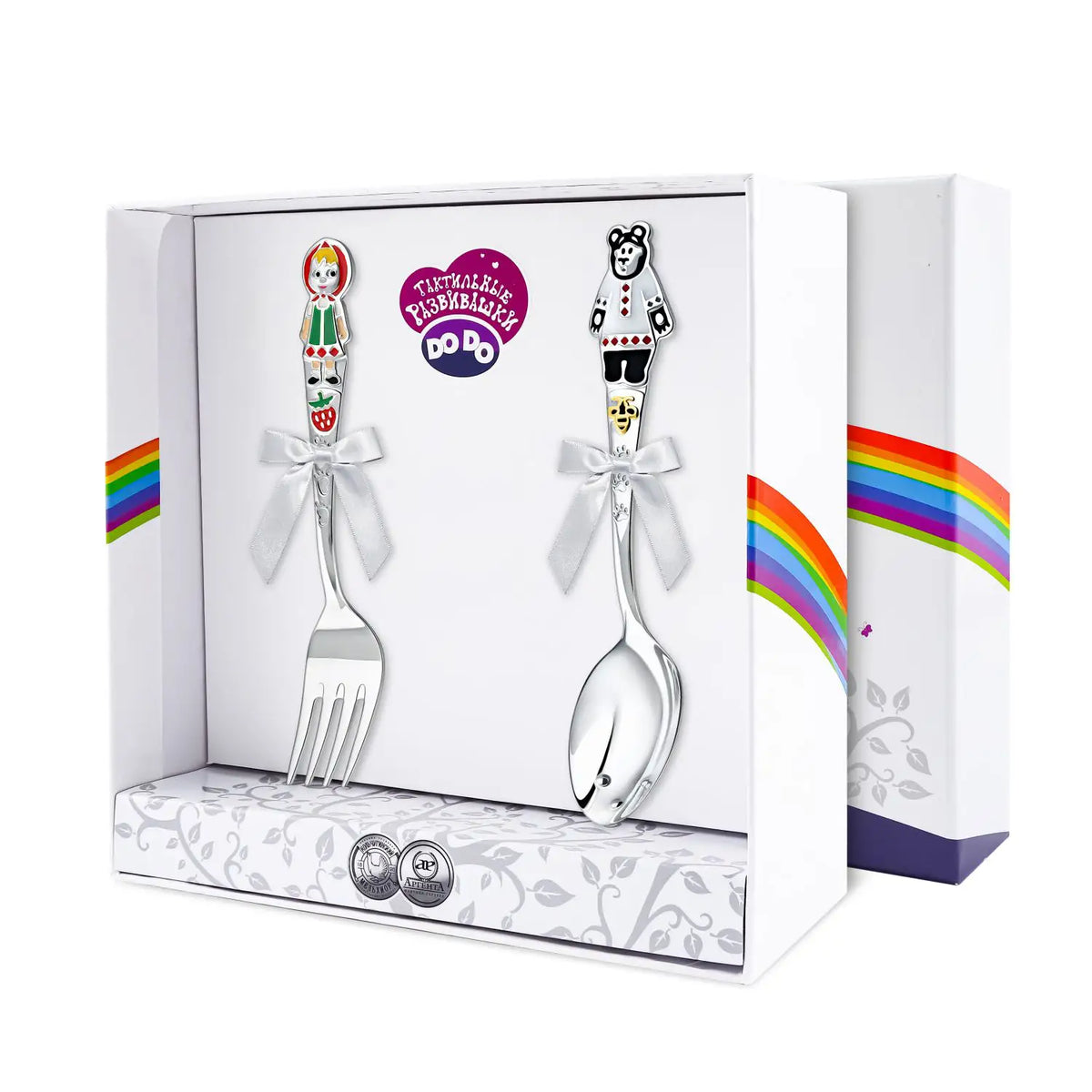 Kinderbesteck 925 Silber: Gabel mit Erdbeermädchen und Löffel mit Bienenbär, beide mit Schleife in der Geschenkbox